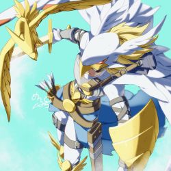 Rule 34 | 1boy, akeru, armor, arrow (projectile), belt, bird, bird wings, blonde hair, blue background, blue cape, bodysuit, bow (weapon), breastplate, cape, closed mouth, covered eyes, cowboy shot, crossbow, digimon, digimon (creature), from above, helmet, highres, holding, holding sword, holding weapon, knee pads, leather belt, leg belt, male focus, maplo, medium hair, quiver, sheath, shield, signature, simple background, solo focus, standing, sword, unsheathed, valkyrimon, visor, waist cape, weapon, weapon on back, white bodysuit, white cape, winged helmet, wings