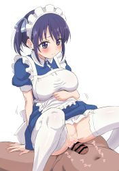 Rule 34 | 1boy, 1girl, bar censor, blue eyes, blush, breasts, censored, closed mouth, clothed female nude male, fat, fat man, girl on top, heart, heart censor, highres, kanojo mo kanojo, large breasts, maid, maid headdress, minase nagisa, nude, penis, purple hair, short hair, short sleeves, simple background, sincos, thighhighs, white background, white thighhighs