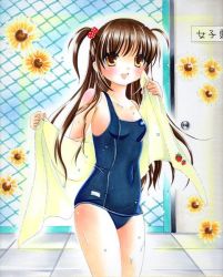 Rule 34 | bad id, bad pixiv id, brown eyes, brown hair, flower, long hair, one-piece swimsuit, school swimsuit, sunflower, swimsuit, tolion2228, towel, traditional media, twintails, wet