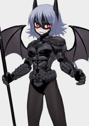 Rule 34 | 1girl, armor, bat wings, batman, batman (cosplay), batman (series), black legwear, blue hair, cosplay, dc comics, fangs, fkey, grey background, highres, holding, holding weapon, looking at viewer, mask, mouth mask, parted lips, polearm, red eyes, remilia scarlet, simple background, smile, solo, spear, standing, touhou, weapon, wings