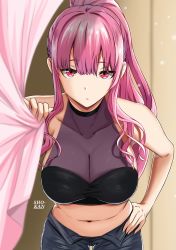 Rule 34 | 1girl, artist name, breasts, cleavage, hand on own hip, highres, hololive, hololive english, large breasts, leaning forward, long hair, midriff, mori calliope, mori calliope (streetwear), navel, pink hair, ponytail, red eyes, shokan (pixiv61462319), virtual youtuber