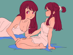 Rule 34 | 10s, 1girl, alternate hairstyle, arm support, bare legs, barefoot, bokujoukun, breasts, chemise, cleavage, downblouse, hair down, hair ornament, half-closed eyes, half updo, kagari atsuko, little witch academia, long hair, lying, medium breasts, multiple views, one side up, parted lips, pink eyes, profile, red hair, simple background, sitting, sketch, strap slip, underwear, underwear only, wariza