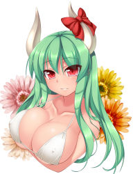 Rule 34 | 1girl, alternate costume, bare shoulders, bikini, bow, breast hold, breasts, cleavage, covered erect nipples, ex-keine, female focus, flower, green hair, horns, john (nakoto), kamishirasawa keine, large breasts, long hair, looking at viewer, parted lips, red eyes, shiny skin, simple background, skindentation, smile, solo, strap gap, swimsuit, touhou, upper body, white background, white bikini