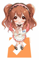Rule 34 | 1girl, apron, asahina mikuru, black footwear, blush, breasts, brown eyes, brown hair, character name, cleavage, commentary request, corset, crying, detached collar, dress, frilled apron, frills, full body, h, hair ribbon, hand up, kuuma25 kuma, large breasts, long hair, looking at viewer, maid apron, maid headdress, mary janes, mole, mole on breast, name tag, neck ribbon, official alternate hairstyle, open mouth, orange background, pink dress, puffy short sleeves, puffy sleeves, red ribbon, ribbon, shoes, short sleeves, solo, standing, suzumiya haruhi no yuuutsu, tears, twintails, twitter username, two-tone background, white apron, white background, wrist cuffs