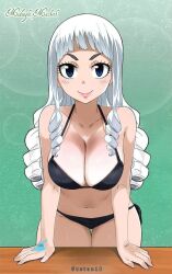 Rule 34 | 1girl, bikini, black bikini, blue eyes, blush, breasts, cleavage, fairy tail, gaston18, hands on table, large breasts, long hair, navel, smile, swimsuit, tattoo, thick eyebrows, touka (fairy tail), wavy hair, white hair, wide hips