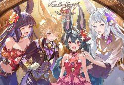 Rule 34 | 1boy, 3girls, :d, animal ears, backless dress, backless outfit, bare shoulders, black hair, blonde hair, blue eyes, blush, breasts, cleavage, commentary request, dress, erune, fox ears, fox girl, fox tail, granblue fantasy, hair ornament, kou (granblue fantasy), long hair, midriff, multiple girls, navel, official art, open mouth, red eyes, short hair, silver hair, smile, societte (granblue fantasy), tail, you (granblue fantasy), yuel (granblue fantasy)