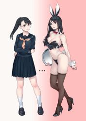Rule 34 | 1girl, alternate costume, animal ears, bikini, black bikini, black eyes, black footwear, black hair, black skirt, blush, bow, bowtie, breasts, cleavage, closed mouth, collarbone, detached collar, fake animal ears, full body, high heels, highres, large breasts, leotard, long hair, looking at viewer, medium breasts, multiple girls, navel, nontraditional playboy bunny, original, playboy bunny, playboy bunny bikini, pleated skirt, ponytail, rabbit ears, rabbit tail, sailor collar, school uniform, serafuku, shoes, simple background, skirt, smile, standing, string bikini, swimsuit, tail, thighhighs, wrist cuffs, yuuji (and)