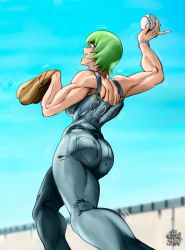 Rule 34 | 1girl, ass, baseball, baseball glove, blue eyes, bodysuit, female focus, foo fighters (jojo), green hair, highres, huge ass, jojo no kimyou na bouken, looking at another, muscular, muscular arms, muscular female, redrawn, short hair, smile, solo, stone ocean, suspenders, the golden smurf