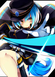 Rule 34 | 1girl, asagi (bombergirl), black hat, black skirt, blue hair, blue tail, bombergirl, breasts, buttons, eyes visible through hair, glint, gloves, hair between eyes, hat, highres, holding, holding sword, holding weapon, katana, long sleeves, medium breasts, miniskirt, multicolored hair, multicolored tail, omochishiki, pleated skirt, sheath, short hair, skirt, solo, sparkle, sword, tail, thigh strap, two-tone hair, two-tone tail, weapon, white gloves, white hair, white tail, wolf tail, yellow eyes