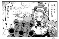 Rule 34 | 1girl, comic, flower, fujinoki (horonabe-ken), greyscale, headgear, injury, kantai collection, long hair, long sleeves, machinery, military, military uniform, monochrome, nelson (kancolle), open mouth, rigging, rose, smoke, torn clothes, translation request, turret, uniform