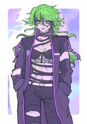 Rule 34 | 1girl, abs, bandaged chest, bandaged neck, bandages, belt, black bra, black pants, bra, breasts, chest tattoo, closed mouth, coat, commentary request, cowboy shot, eyeliner, fuyaharu, genderswap, genderswap (mtf), green hair, hair between eyes, hands in pockets, high collar, highres, long hair, long sleeves, looking at viewer, makeup, master detective archives: rain code, messy hair, multicolored hair, pants, purple coat, purple eyeliner, purple eyes, purple lips, small breasts, solo, standing, streaked hair, tattoo, torn clothes, torn pants, twitter username, underwear, vivia twilight, white belt