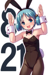 Rule 34 | 1girl, animal ears, blue eyes, blue hair, bow, bowtie, cube hair ornament, detached collar, fake animal ears, hair ornament, leotard, matching hair/eyes, naganohara mio, nichijou, pantyhose, playboy bunny, rabbit ears, rabbit pose, rabbit tail, sayousuke, short hair, short twintails, simple background, solo, tail, twintails, wrist cuffs