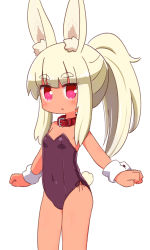 Rule 34 | 1girl, :o, animal ear fluff, animal ears, bare shoulders, blonde hair, blush, breasts, collar, commentary request, covered navel, dark-skinned female, dark skin, etrian odyssey, heart, heart-shaped pupils, highres, leotard, long hair, looking at viewer, masurao (sekaiju), naga u, parted lips, pink eyes, playboy bunny, ponytail, purple leotard, rabbit ears, red collar, sekaiju no meikyuu, sekaiju no meikyuu 5, sidelocks, simple background, small breasts, solo, standing, strapless, strapless leotard, symbol-shaped pupils, thick eyebrows, very long hair, white background, wrist cuffs