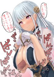 Rule 34 | 1boy, 1girl, azur lane, bar censor, blunt bangs, blush, braid, breast curtains, breasts, breasts squeezed together, censored, china dress, chinese clothes, cleavage, cosplay, dido (azur lane), dress, flower, gloves, grey dress, hair flower, hair ornament, half gloves, hetero, highres, large breasts, long hair, paizuri, penis, pink eyes, revealing clothes, see-through, side braid, silver hair, sirius (azur lane), sirius (azur lane) (cosplay), sirius (azure horizons) (azur lane), smile, thought bubble, translation request, upanishi mariko, white gloves