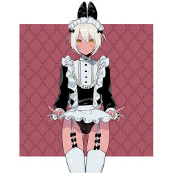 Rule 34 | 1boy, animal ears, apron, apron lift, argyle, argyle background, argyle clothes, bad id, bad pixiv id, black bow, black panties, blush, bob cut, border, bow, bulge, center frills, clothes lift, commentary request, cowboy shot, dark-skinned male, dark skin, eyes visible through hair, fake animal ears, frilled apron, frills, garter straps, gluteal fold, leotard, lifting own clothes, long sleeves, looking at viewer, maid, maid apron, maid headdress, maid leotard, male focus, male playboy bunny, original, outside border, panties, parted bangs, parted lips, puffy long sleeves, puffy sleeves, purple background, rabbit ears, short hair, simple background, skindentation, sleeve cuffs, solo, standing, thigh gap, thighhighs, trap, two side up, unconventional maid, underwear, waist apron, white apron, white border, white hair, white thighhighs, yellow eyes