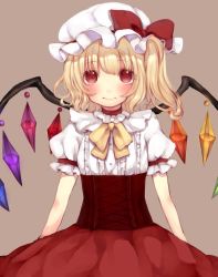 Rule 34 | 1girl, adapted costume, blonde hair, blush, bow, breasts, buttons, choker, closed mouth, commentary, corset, cowboy shot, eyelashes, flandre scarlet, frilled shirt, frills, gem, hat, hat bow, light blush, light smile, lips, looking at viewer, mob cap, neck ribbon, one side up, puffy short sleeves, puffy sleeves, red bow, red choker, red eyes, red skirt, ribbon, ribbon-trimmed sleeves, ribbon trim, shirt, short hair, short sleeves, simple background, skirt, small breasts, solo, standing, tan background, touhou, udon0513, white shirt, wings, yellow ribbon