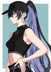 Rule 34 | 1girl, aqua background, baseball cap, belt, black headwear, character request, copyright request, crop top, earrings, hair between eyes, hand on own hip, hat, highres, isshiki (ffmania7), jewelry, long hair, looking to the side, multicolored hair, ponytail, purple belt, purple eyes, purple hair, simple background, sleeveless, two-tone hair