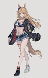 Rule 34 | 1girl, absurdres, animal ears, bandeau, belt, black choker, black jacket, blonde hair, blue eyes, blue shorts, bow, breasts, choker, cleavage, collarbone, crop top, crossed legs, cutoffs, denim, denim shorts, echj, full body, gloves, gold city (umamusume), hair bow, hand on own hip, highres, horse ears, horse girl, horse tail, jacket, long hair, long sleeves, looking at viewer, medium breasts, midriff, navel, open clothes, open jacket, shoes, short shorts, shorts, simple background, single glove, solo, standing, stomach, strapless, striped bandeau, tail, thigh strap, thighs, torn clothes, torn shorts, tube top, umamusume, watson cross