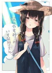 Rule 34 | 1girl, black eyes, black hair, blue dress, braid, brown hat, cowboy shot, dress, hair between eyes, hair over shoulder, hat, highres, isonami (kancolle), kantai collection, long hair, official alternate costume, one-hour drawing challenge, raymie0124, shirt, sidelocks, solo, strap, sun hat, twin braids, white shirt