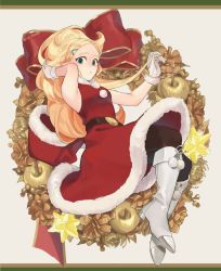 Rule 34 | 1girl, :o, arm up, blonde hair, blush, boots, breasts, christmas ornaments, commentary, dress, english commentary, full body, fur trim, gloves, green eyes, hair ornament, hairclip, highres, ivy (sena0119), long hair, looking at viewer, nintendo, pants, parted bangs, parted lips, pointy ears, princess zelda, red dress, sleeveless, sleeveless dress, solo, the legend of zelda, the legend of zelda: breath of the wild, thick eyebrows, twitter username, white footwear, white gloves