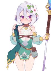 Rule 34 | 1girl, bare shoulders, blush, breasts, eyelashes, female focus, flower, groin, hair between eyes, hair flower, hair ornament, holding, holding spear, holding weapon, jewelry, kokkoro (princess connect!), looking at viewer, moyori, nipples, no bra, parted lips, pointy ears, polearm, princess connect!, purple eyes, see-through, short hair, simple background, small breasts, solo, spear, standing, sweatdrop, weapon, white background