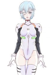 Rule 34 | 1girl, adapted costume, aiso kai, arms at sides, ayanami rei, bandage over one eye, bandaged head, bandages, blue eyes, blue hair, blush, bracer, breasts, cowboy shot, eyepatch, facing viewer, gloves, groin, hair between eyes, highleg, highleg leotard, legs together, leotard, looking at viewer, neon genesis evangelion, pale skin, parted lips, pilot suit, pink lips, plugsuit, purple eyes, short hair, simple background, small breasts, solo, standing, thigh gap, thighhighs, turtleneck, white background, white leotard, white thighhighs