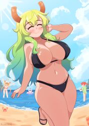 Rule 34 | 4girls, absurdres, animal, beach, bikini, blonde hair, bluefrok, breasts, can, cleavage, closed eyes, closed mouth, cloud, collarbone, crab, foot out of frame, green hair, highres, horns, kanna kamui, kobayashi-san chi no maidragon, kobayashi (maidragon), large breasts, long hair, lucoa (maidragon), multiple girls, navel, red hair, sand, sandals, sky, smile, stomach, sun, swimsuit, thighs, toes, tohru (maidragon), water