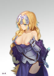 Rule 34 | 1girl, armor, armored dress, artist name, bare shoulders, blonde hair, blue eyes, blue thighhighs, blush, braid, breasts, breasts out, capelet, closed mouth, collarbone, cowboy shot, embarrassed, fate/apocrypha, fate (series), gauntlets, gradient background, hands up, headpiece, highres, jeanne d&#039;arc (fate), jeanne d&#039;arc (ruler) (fate), l.k, legs together, long hair, medium breasts, nipples, puffy nipples, sheath, sheathed, single braid, solo, sword, thighhighs, undressing, very long hair, weapon