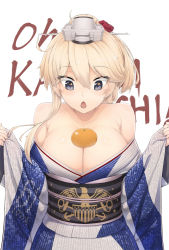 Rule 34 | 10s, 1girl, ahoge, bare shoulders, black eyes, blonde hair, breasts, cleavage, collarbone, flower, food, food on body, food on breasts, fruit, grey eyes, hair flower, hair ornament, headgear, highres, iowa (kancolle), japanese clothes, kantai collection, kimono, large breasts, light brown hair, long hair, looking at viewer, mandarin orange, obi, off shoulder, open clothes, open kimono, open mouth, oppai mochi, ponytail, sash, simple background, solo, star-shaped pupils, star (symbol), symbol-shaped pupils, urigarasu, white background