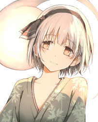 Rule 34 | 1girl, absurdres, alternate costume, black hairband, brown eyes, closed mouth, collarbone, ghost, green kimono, grey hair, hairband, highres, japanese clothes, kimono, konpaku youmu, konpaku youmu (ghost), looking at viewer, shimoda masaya, short hair, simple background, solo, touhou, upper body, white background
