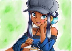 Rule 34 | 1girl, :d, black hair, blue eyes, blue eyeshadow, blue hair, blue shirt, blush, body blush, collarbone, commentary request, creatures (company), cup, dark-skinned female, dark skin, earclip, earrings, eyelashes, eyeshadow, game freak, green background, grey hat, hat, highres, holding, holding spoon, hoop earrings, jewelry, makeup, multicolored hair, nessa (pokemon), nintendo, off-shoulder shirt, off shoulder, oka mochi, open mouth, pokemon, pokemon: twilight wings, shirt, smile, solo, spoon, stirring, table, tongue, traditional media, two-tone hair, upper body