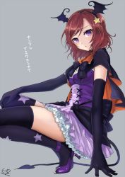 Rule 34 | 10s, 1girl, black gloves, black thighhighs, blush, capelet, dancing stars on me!, demon tail, elbow gloves, gloves, grey background, hairband, head wings, high heels, looking at viewer, love live!, love live! school idol festival, love live! school idol project, nishikino maki, pisuke, purple eyes, red hair, short hair, skirt, solo, squatting, star (symbol), tail, thighhighs, wings