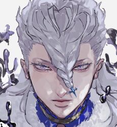 Rule 34 | 1boy, black clover, braid, braided bangs, commentary request, feathers, grey hair, highres, long hair, looking at viewer, male focus, mercury (element), nozel silva, parted lips, simple background, solo, tdgypm, white background