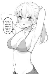 Rule 34 | 1girl, :d, absurdres, armpits, arms behind head, arms up, bikini, bikini top only, blush, breasts, earrings, english text, greyscale, hard-translated, highres, jewelry, long hair, looking at viewer, medium breasts, mole, mole under mouth, monochrome, open mouth, original, ponytail, sidelocks, simple background, smile, solo, stud earrings, sweat, swimsuit, takenoko no you, third-party edit, translation request, white background