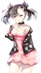 Rule 34 | 1girl, absurdres, aqua eyes, artist request, asymmetrical bangs, asymmetrical hair, bare shoulders, black hair, black jacket, black nails, blush, breasts, choker, collarbone, creatures (company), dress, earrings, game freak, hair ribbon, highres, jacket, jewelry, large breasts, long sleeves, looking at viewer, marnie (pokemon), nail polish, nintendo, nipples, no bra, off-shoulder jacket, off shoulder, open clothes, pink dress, pokemon, pokemon swsh, red ribbon, ribbon, simple background, solo, twintails, white background