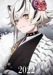 Rule 34 | 1girl, 2022, absurdres, animal ears, bad id, bad pixiv id, blurry, blurry background, braid, chinese zodiac, closed mouth, collar, commentary, crossed bangs, depth of field, facial mark, fang, fur trim, grey hair, hair between eyes, hair ornament, highres, looking at viewer, multicolored hair, original, slit pupils, smile, snowing, solo, spiked collar, spikes, standing, streaked hair, upper body, wakahiko, year of the tiger, yellow eyes