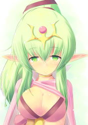 Rule 34 | 1girl, aged up, bracelet, breasts, cape, choker, cleavage, fire emblem, fire emblem: mystery of the emblem, fire emblem awakening, gloves, green eyes, green hair, hair ornament, hair ribbon, jewelry, kourourin, large breasts, light smile, long hair, matching hair/eyes, nintendo, pointy ears, ponytail, ribbon, solo, tiki (adult) (fire emblem), tiki (fire emblem), upper body