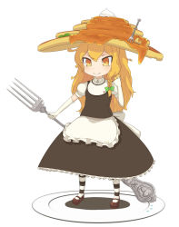 Rule 34 | 1girl, a.t.dancing, blonde hair, bow, braid, chibi, female focus, food, fork, gloves, hair bow, highres, kirisame marisa, mary janes, mini person, minigirl, mushroom, pancake, pantyhose, plate, shoes, socks, solo, star (symbol), striped clothes, striped pantyhose, syrup, touhou, whipped cream, yellow eyes