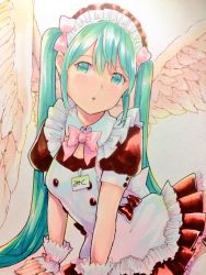 Rule 34 | 1girl, aqua eyes, aqua hair, feathered wings, feathers, frilled skirt, frills, full body, hair between eyes, hair ribbon, hatsune miku, highres, long hair, looking at viewer, maid, mayo riyo, name tag, open mouth, ribbon, simple background, skirt, solo, translated, very long hair, vocaloid, white legwear, wings