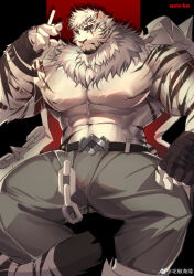 Rule 34 | 1boy, abs, absurdres, animal ears, arknights, bara, bulge, chain, cigarette, coat, facial hair, feet out of frame, furry, furry male, goatee, grey pants, highres, large hands, large pectorals, looking at viewer, male focus, mature male, mole hm, mountain (arknights), muscular, muscular male, navel, nipples, pants, pectorals, short hair, sideburns, sitting, solo, stomach, thick thighs, thighs, tiger boy, tiger ears, topless male, tusks, white fur