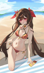 1girl absurdres bare_legs bare_shoulders beach bell bikini bikini_bottom_pull blue_sky brown_hair hair_ribbon highres honkai:_star_rail honkai_(series) long_hair navel neck_bell ocean red_bikini red_eyes red_ribbon ribbon sand sky sparkle_(honkai:_star_rail) stomach summer swimsuit tongue tongue_out yuan_zhen