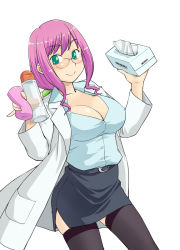 Rule 34 | 1girl, artificial vagina, breasts, cleavage, glasses, green eyes, hinemosu notari, lab coat, large breasts, pencil skirt, pink hair, pinky out, sex toy, short hair, skirt, solo, thighhighs, tissue, tissue box