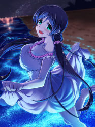 Rule 34 | 10s, 1girl, :d, aqua eyes, barefoot, beach, bioluminescence, blurry, breasts, clothes lift, depth of field, dress, dress lift, emanon123, glowing, large breasts, leg up, long hair, looking at viewer, love live!, love live! school idol festival, love live! school idol project, night, night sky, open mouth, profile, purple hair, sky, smile, solo, sundress, tojo nozomi, twintails, very long hair, water, white dress