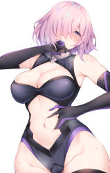 Rule 34 | 1girl, blush, breasts, cleavage, closed mouth, commentary request, fate/grand order, fate (series), gloves, hair over one eye, highres, large breasts, mash kyrielight, nakatama kyou, navel, pink hair, purple eyes, short hair, simple background, solo, spread navel, sweat, white background