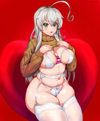 Rule 34 | 1girl, ahoge, alternate breast size, armchair, belly, between breasts, blush, bra, breasts, brown sweater, chair, clothes lift, commission, condom, condom in clothes, condom wrapper, fingernails, garter belt, garter straps, green eyes, green nails, haiyore! nyaruko-san, highres, huge ahoge, keigi, large breasts, lingerie, long hair, looking at viewer, nail polish, navel, navel piercing, nyarlathotep (nyaruko-san), panties, piercing, plump, red background, silver hair, sitting, skindentation, solo, sweater, sweater lift, thick thighs, thighhighs, thighs, turtleneck, turtleneck sweater, underwear, white bra, white garter belt, white garter straps, white panties, white thighhighs