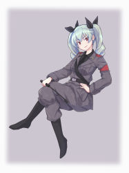 Rule 34 | 1girl, anchovy (girls und panzer), anzio military uniform, belt, black belt, black footwear, black necktie, black ribbon, black shirt, blouse, boots, closed mouth, commentary, crossed legs, dress shirt, drill hair, girls und panzer, green hair, grey background, grey jacket, grey pants, hair ribbon, hand on own hip, holding, holding riding crop, invisible chair, jacket, katakori sugita, knee boots, long hair, long sleeves, looking at viewer, military, military uniform, necktie, pants, pants tucked in, red eyes, ribbon, riding crop, sam browne belt, shirt, sitting, smile, solo, twin drills, twintails, uniform, wing collar