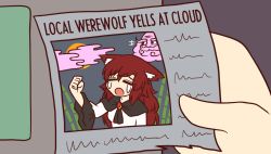 Rule 34 | +++, 1girl, animal ears, bamboo, bamboo forest, brooch, brown hair, clenched hand, closed eyes, cloud, crying, english text, forest, full moon, hand up, imaizumi kagerou, jewelry, long hair, meme, moon, nature, night, night sky, paper, parody, sky, solo, the simpsons, touhou, unzan, wide sleeves, wolf ears, wool (miwol)