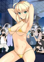 Rule 34 | 1girl, ahoge, armpits, arms behind head, arms up, artoria pendragon (all), artoria pendragon (fate), bad link, bikini, blonde hair, blush, breasts, cleavage, covered erect nipples, crowd, embarrassed, exhibitionism, fate/stay night, fate (series), green eyes, hair bun, haruhisky, highres, medium breasts, micro bikini, navel, public indecency, saber (fate), shiny skin, short hair, single hair bun, smile, solo focus, standing, sweat, swimsuit, tokyo big sight, wavy mouth