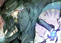 Rule 34 | 1boy, aura, cape, collared shirt, edmond dantes (fate), electricity, fate/grand order, fate (series), formal, gin (oyoyo), gloves, green cape, green hat, green jacket, green pants, hair over one eye, hat, jacket, long sleeves, looking at viewer, male focus, medium hair, one eye covered, pants, shirt, silver hair, simple background, smile, solo, suit, white background, white gloves, white shirt, wing collar, yellow eyes