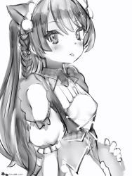 Rule 34 | 1girl, :p, amemiya kanro (vtuber), animal ears, bad id, bad pixiv id, blush, bow, bowtie, braid, breasts, breasts out, cat ears, greyscale, highres, holding, holding tray, indie virtual youtuber, long hair, looking at viewer, maid, mole, mole under eye, monochrome, nanashi (nlo), nipples, puffy short sleeves, puffy sleeves, short sleeves, simple background, small breasts, solo, tongue, tongue out, tray, two side up, upper body, virtual youtuber, white background